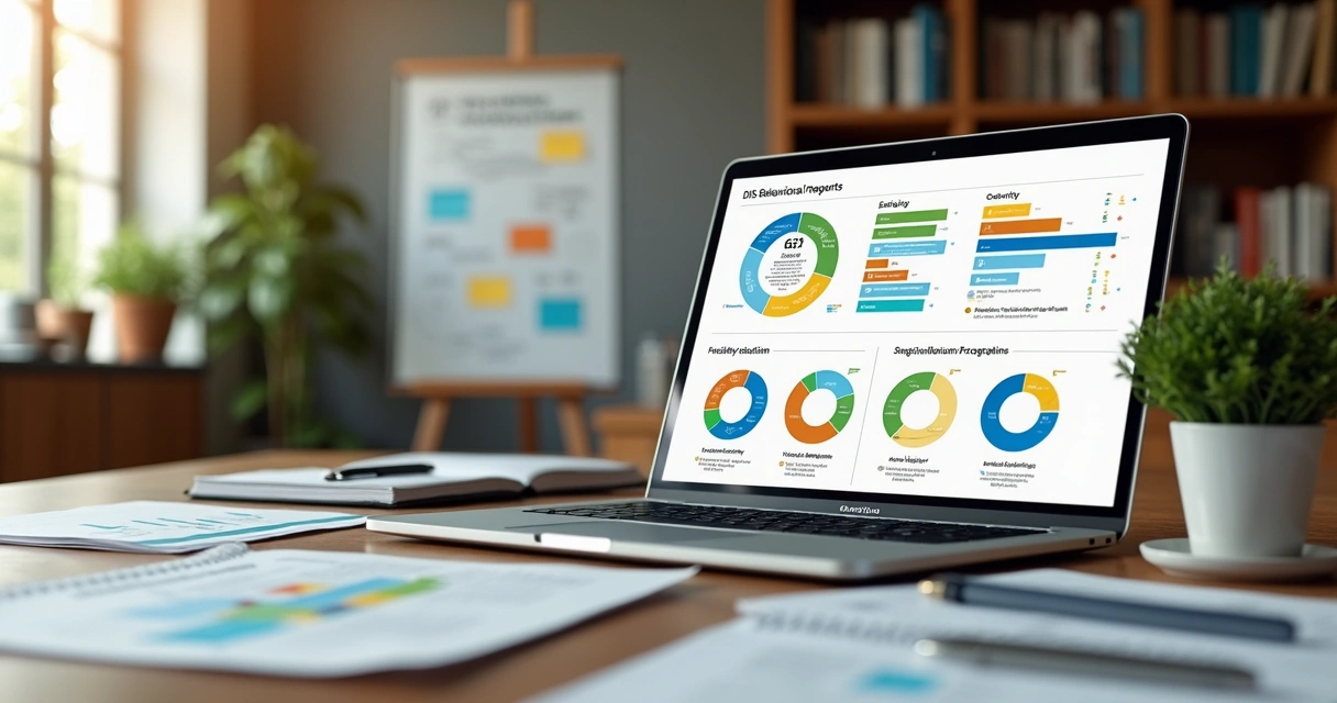 Mesa de trabalho com computador exibindo relatório DISC, gráficos coloridos e documentos de análise comportamental organizados ao redor