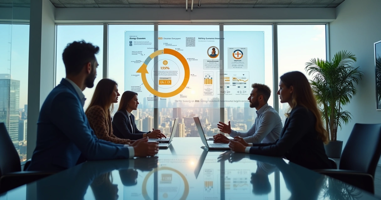 Executivos analisando gráficos de comportamento e turnover em sala de reunião moderna