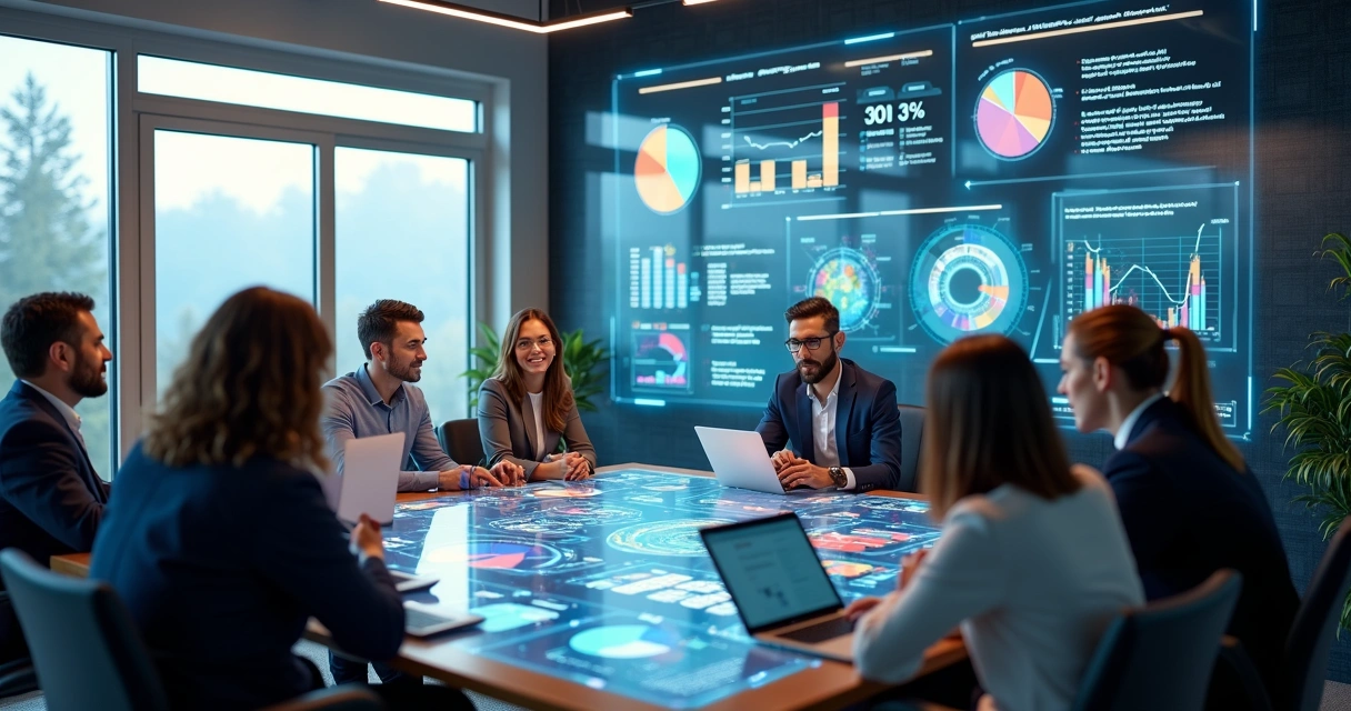 Equipe de profissionais de RH analisando dados em telas digitais modernas com gráficos e relatórios interativos ao fundo