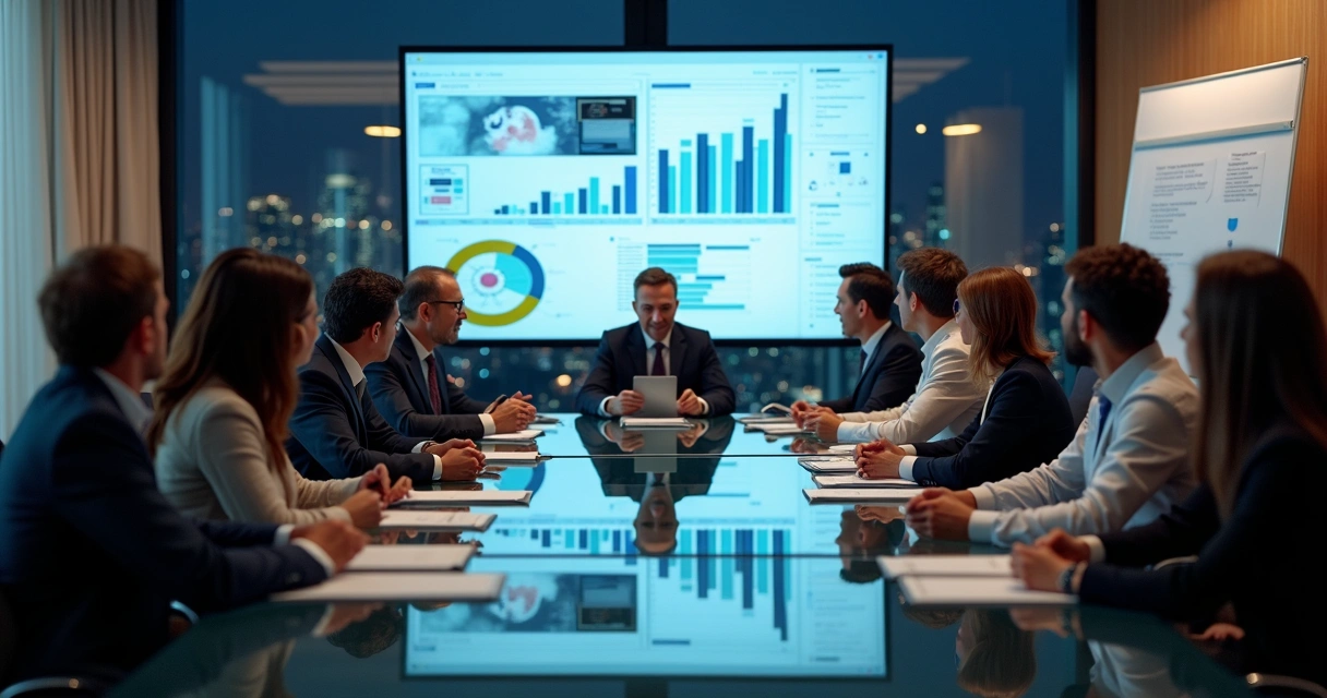 Equipe de gestores discutindo resolução de conflitos em ambiente corporativo moderno com telas digitais exibindo relatórios e gráficos