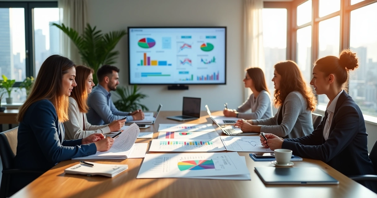 Equipe de profissionais diversos em reunião de trabalho revisando documentos e gráficos em sala moderna