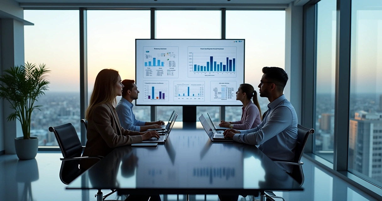 Gestores em reunião observando desempenho da equipe em ambiente corporativo moderno