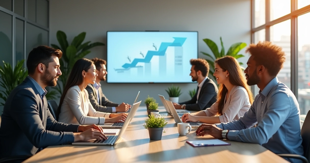 Equipe de colaboradores em reunião de integração em sala moderna e iluminada