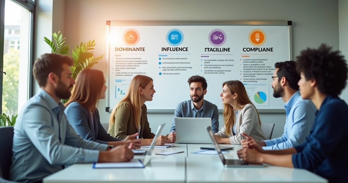 Quadro ilustrando as quatro categorias do perfil DISC com ícones representando dominância, influência, estabilidade e conformidade, equipes diversas colaborando em ambiente corporativo moderno