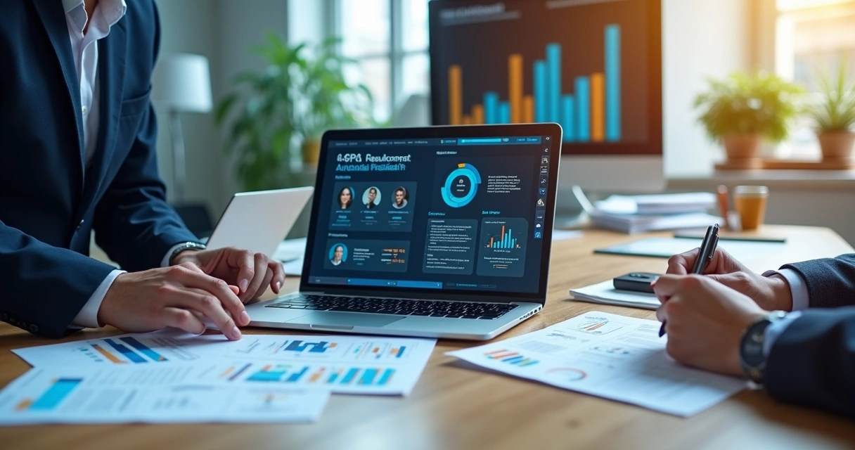 Pessoa usando laptop com plataforma digital de recrutamento e outro profissional avaliando currículo impresso lado a lado