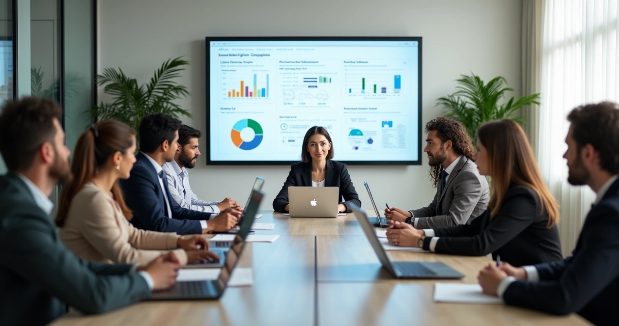 Equipe de profissionais em reunião formal realizando avaliação comportamental em ambiente corporativo moderno