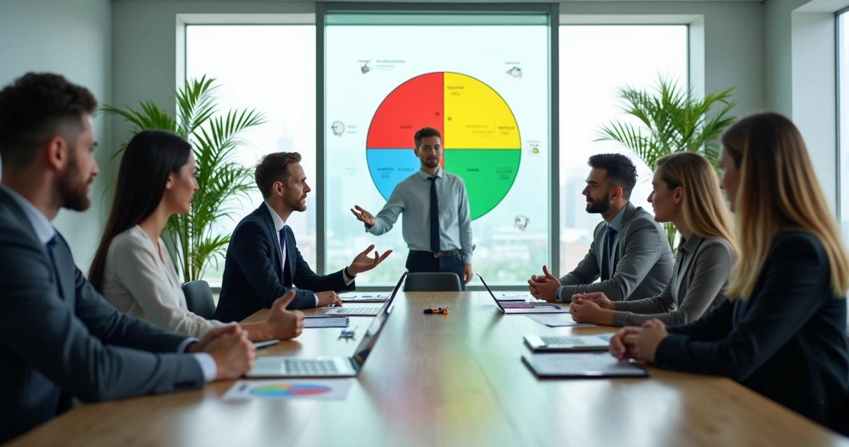 Gestor mediando conflito entre dois colegas com gráficos DISC coloridos ao fundo