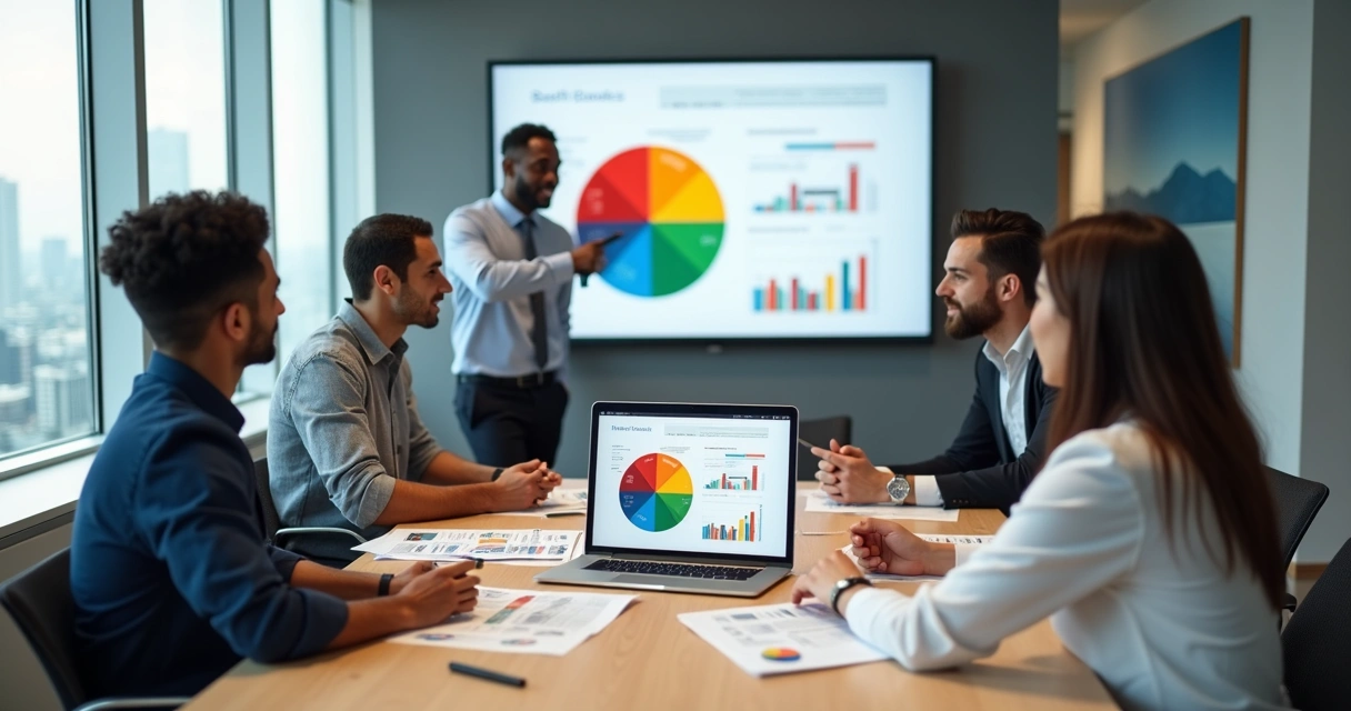 Gestores em reunião analisando gráficos DISC em um escritório moderno