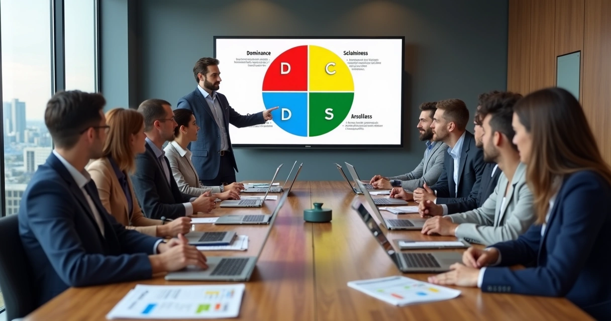 Gestor apresentando perfis comportamentais DISC para equipe em reunião