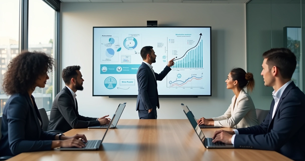 Gestor apresentando estratégia para equipe em sala de reunião moderna