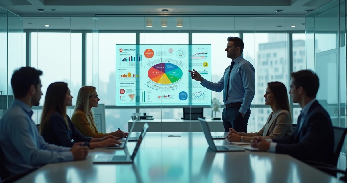 Gestor analisando painel de dados comportamentais com equipe reunida ao fundo