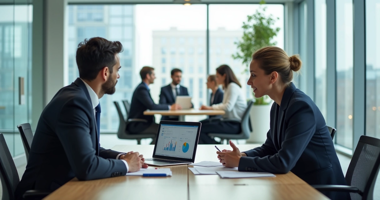Gestor e candidata em entrevista em sala de reunião moderna com equipe ao fundo