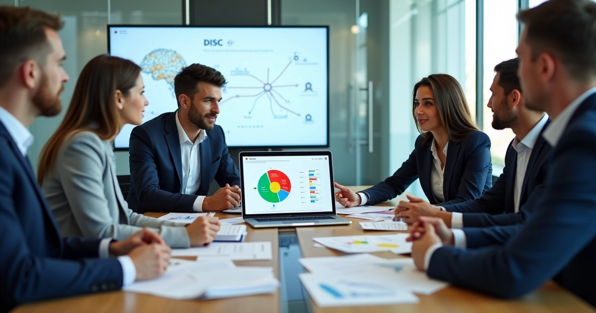 Gestores analisando relatórios comportamentais em reunião de equipe corporativa