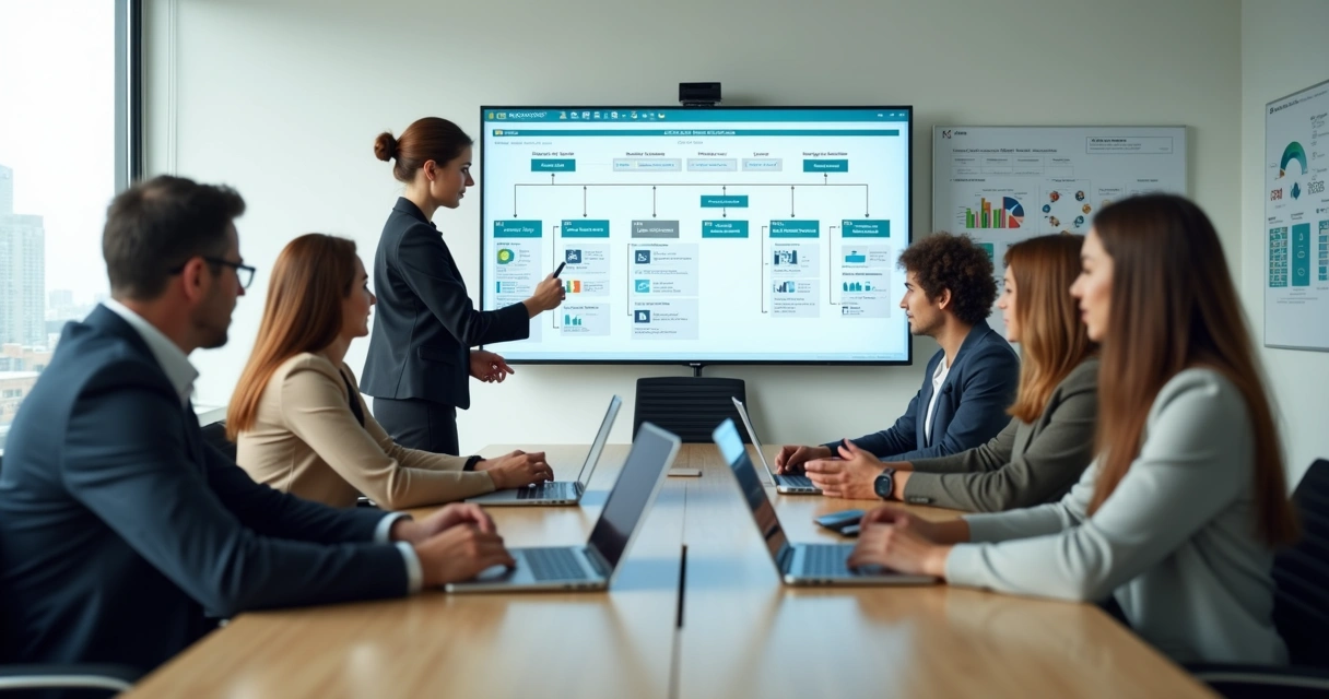 Equipe de RH analisando organograma digital em grande tela em escritório moderno