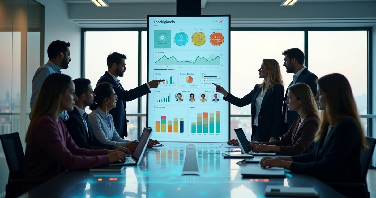 Equipe de RH em escritório usando painel digital com elementos de gamificação