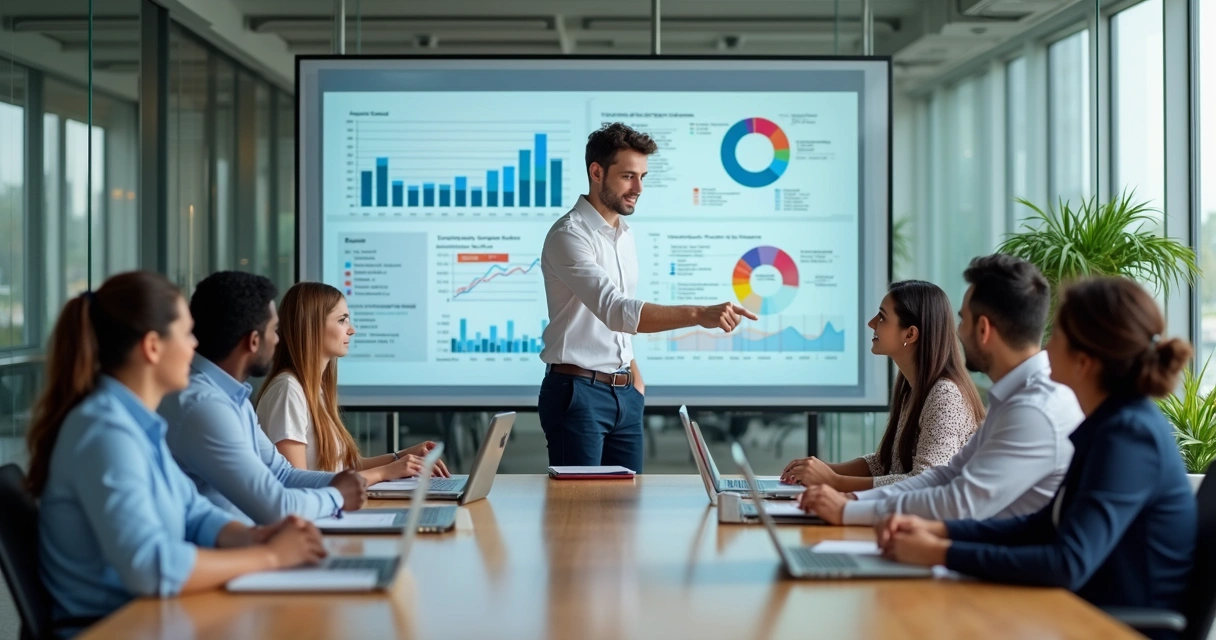 Profissional em destaque liderando reunião com equipe em escritório moderno