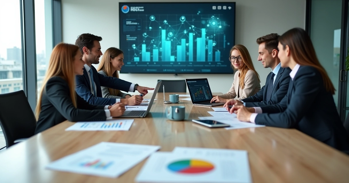 Equipe de RH analisando currículos em mesa de reunião com gráficos e tela digital ao fundo