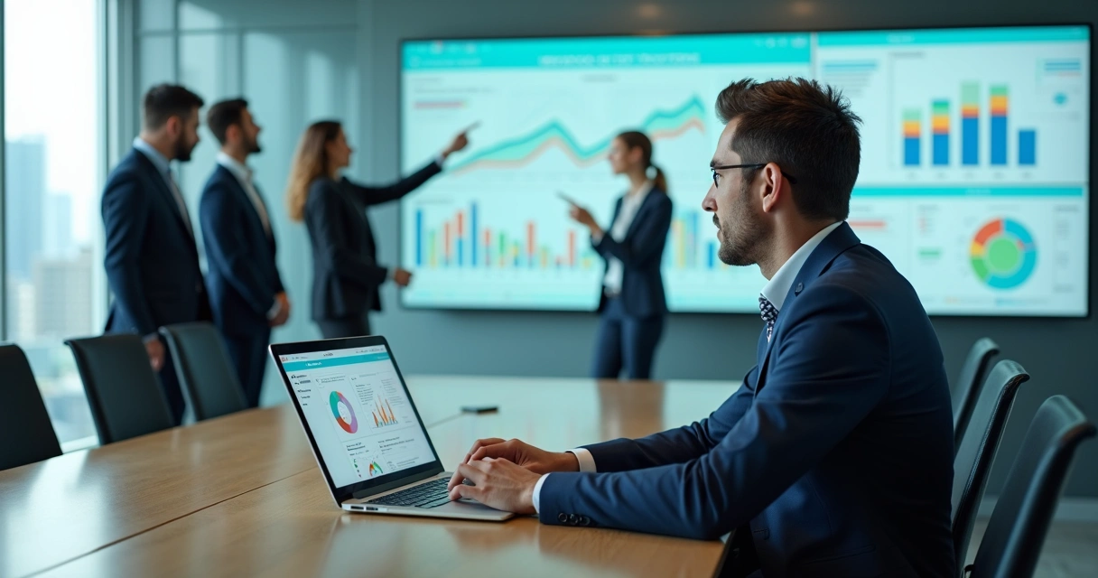 Gestor de RH analisando painel de dados de pessoas em um escritório moderno