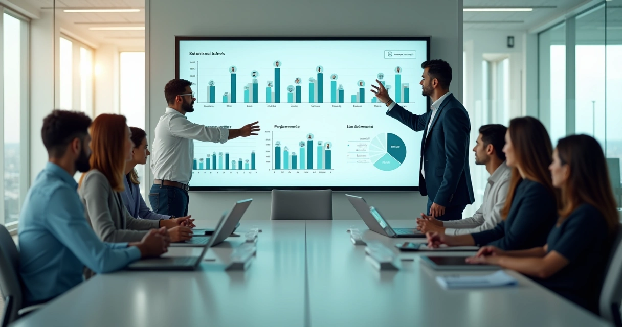 Gestores analisando indicadores comportamentais de altos potenciais em painel digital