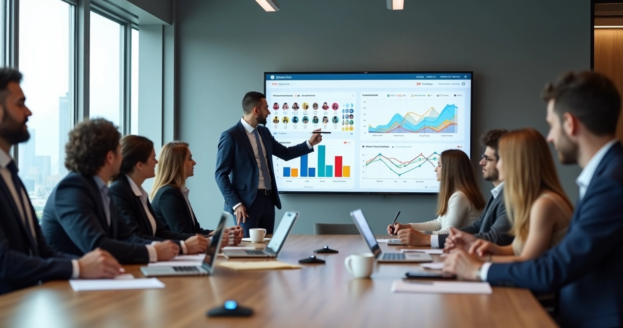 Líder de RH analisando painel de dados em reunião de sucessão de liderança