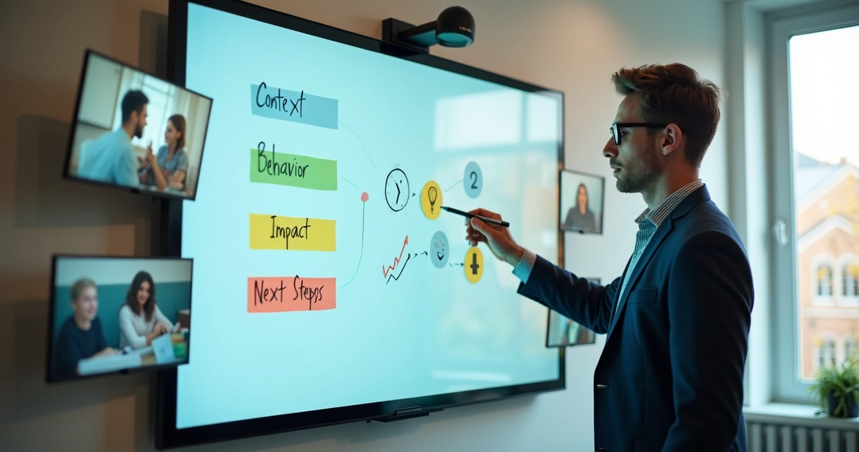 Líder explicando feedback estruturado em quadro digital para equipe remota