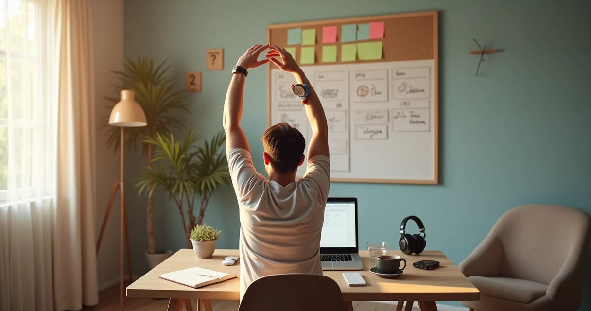 Profissional em home office iniciando o dia com rotina produtiva em mesa organizada
