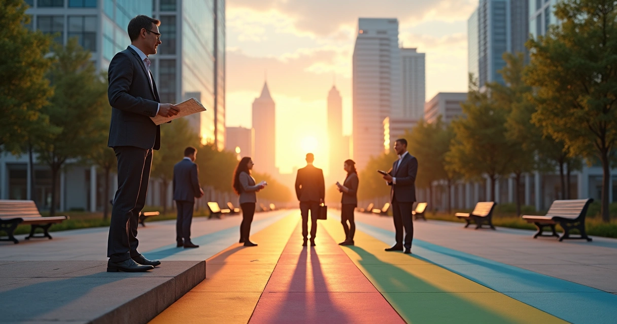 Líder guiando equipe diversa em trilhas diferentes que convergem para o mesmo objetivo