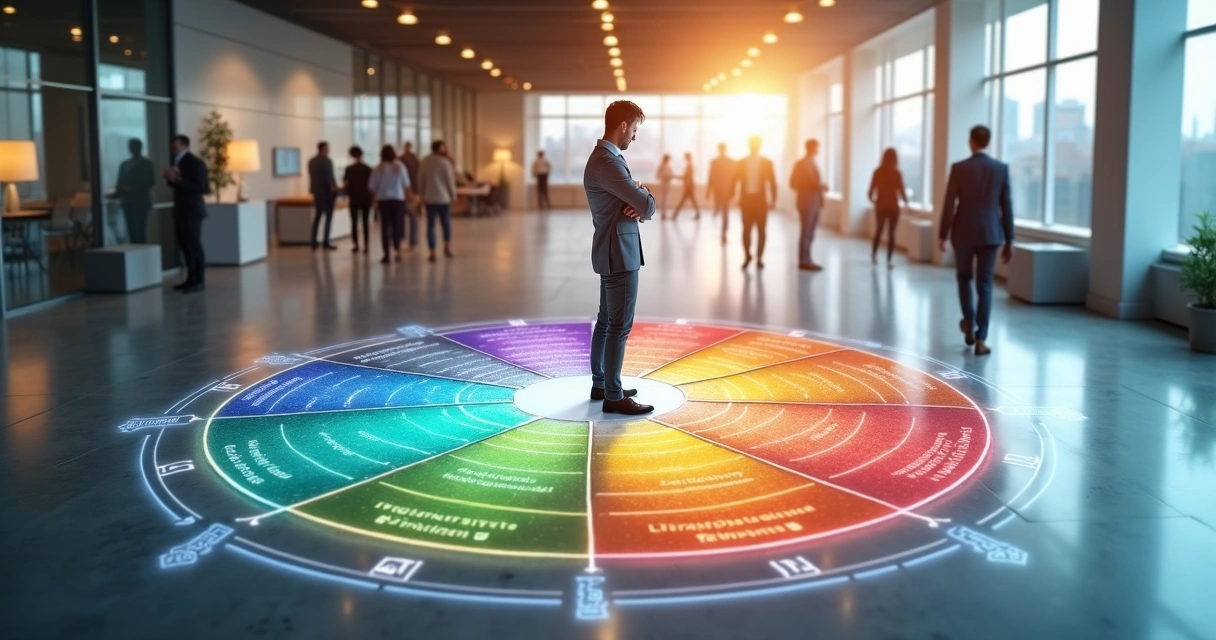 Gestor analisando indicadores de liderança em mapa desenhado no chão de escritório moderno