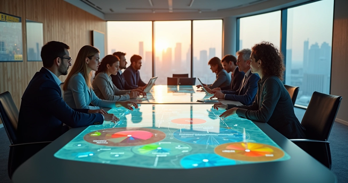 Mesa em formato de mosaico unindo profissionais de diferentes idades com gráficos coloridos ao centro