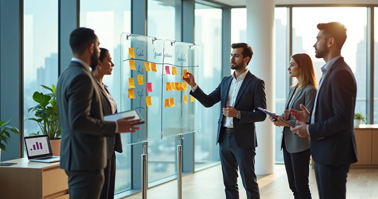 Equipe reunida em pé alinhando atividades em mural de vidro com post-its