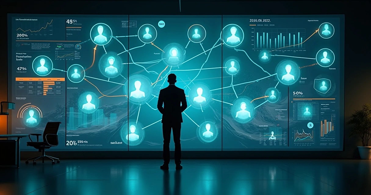 Gestora de RH observando trilhas luminosas conectando ícones de líderes em um painel preditivo