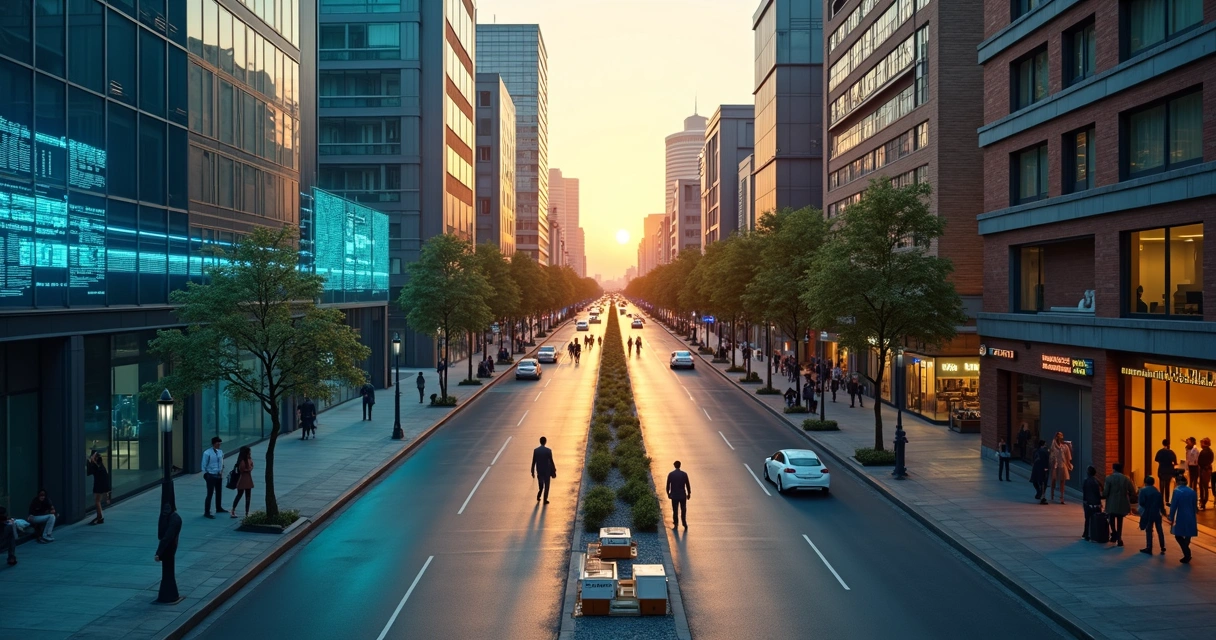 Metade de cidade futurista integrada a rua corporativa tradicional vista de cima